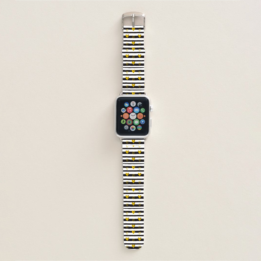 Valentine Black and White stripe with Gold hearts watch band