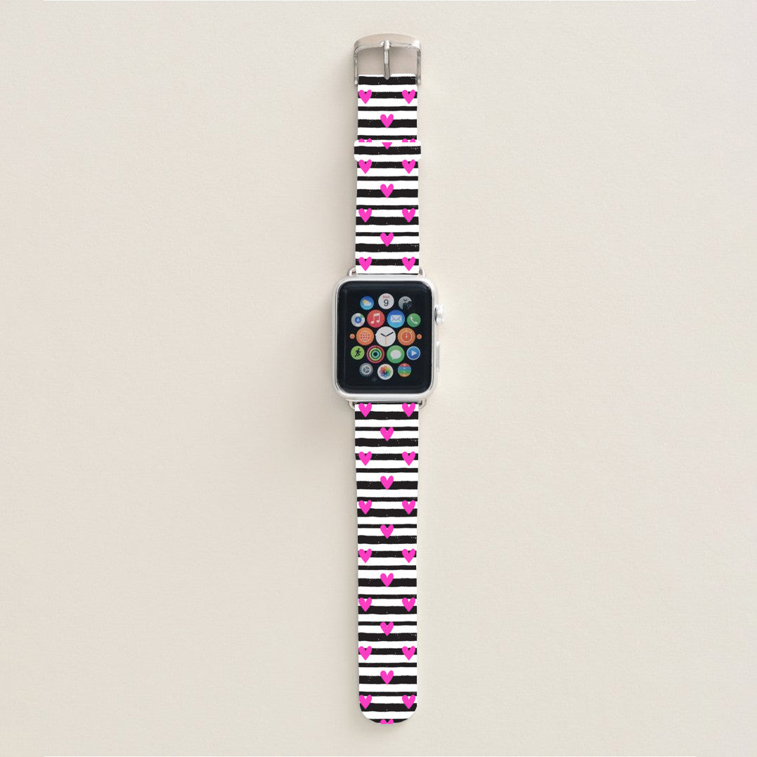 Valentine Black and White striped with pink hearts watch band