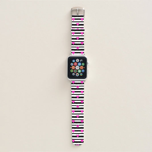 Valentine Black and White striped with pink hearts watch band